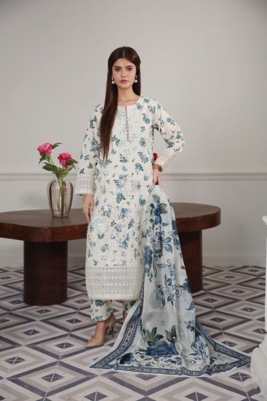 Cambric Embroidered Suit with Floral Print
