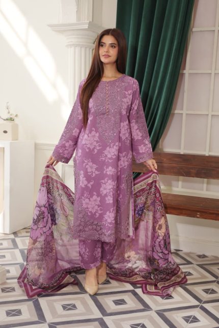 Mauve Cambric Embroidered Suit Printed Dupatta
