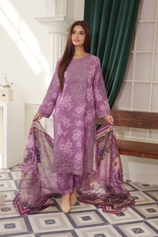 Mauve Cambric Embroidered Suit Printed Dupatta