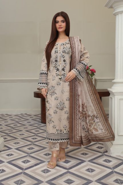 Classic Beige Cambric Embroidered Suit
