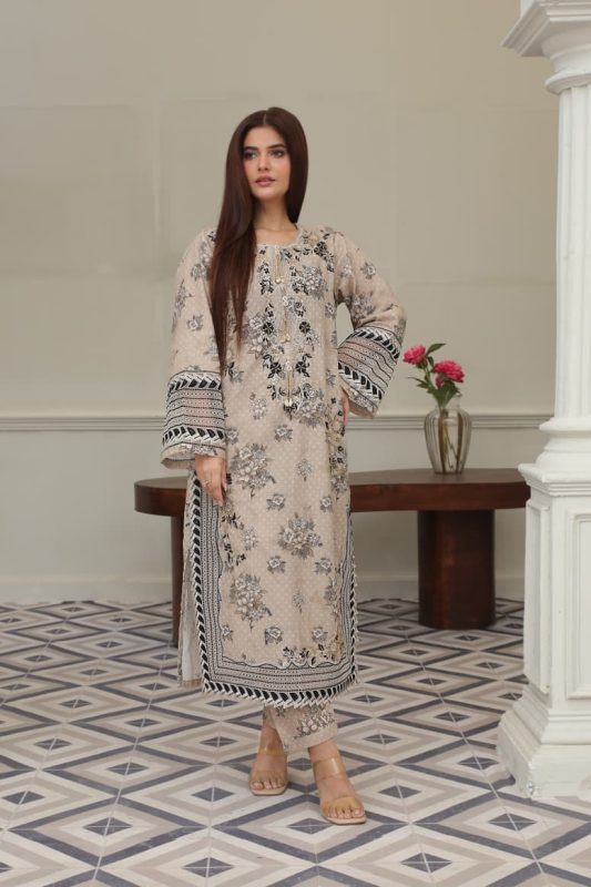 Classic Beige Cambric Embroidered Suit