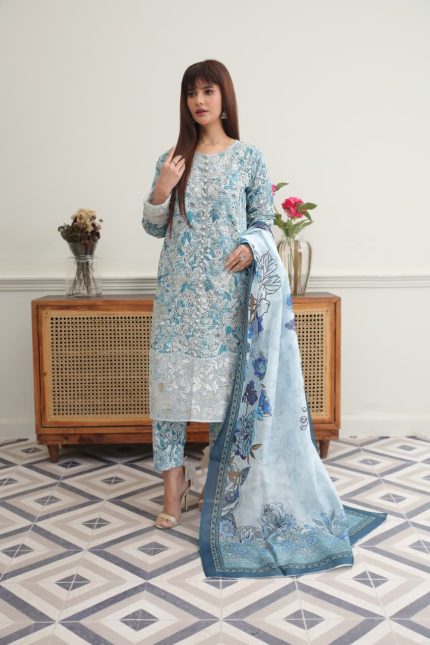 Sky Blue Cambric Embroidered Suit 3 Piece