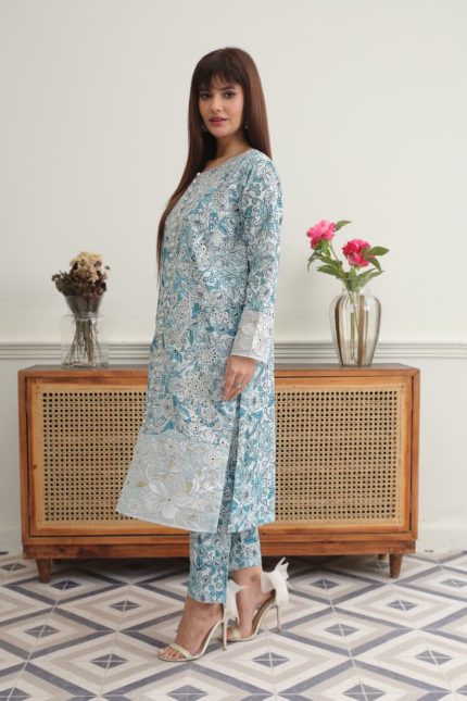 Sky Blue Cambric Embroidered Suit 3 Piece