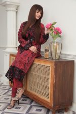 Red & Black Cambric Embroidered 3-Piece