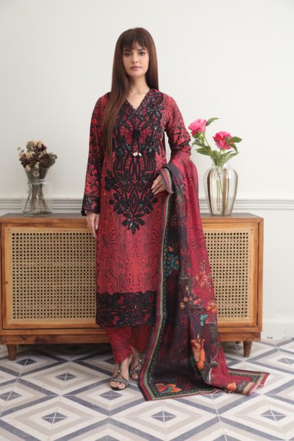 Red & Black Cambric Embroidered 3-Piece