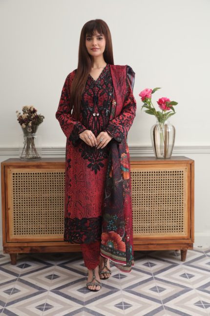 Red & Black Cambric Embroidered 3-Piece