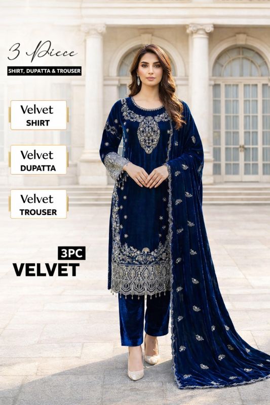 Luxury Embroidered Velvet 3 Piece Suit